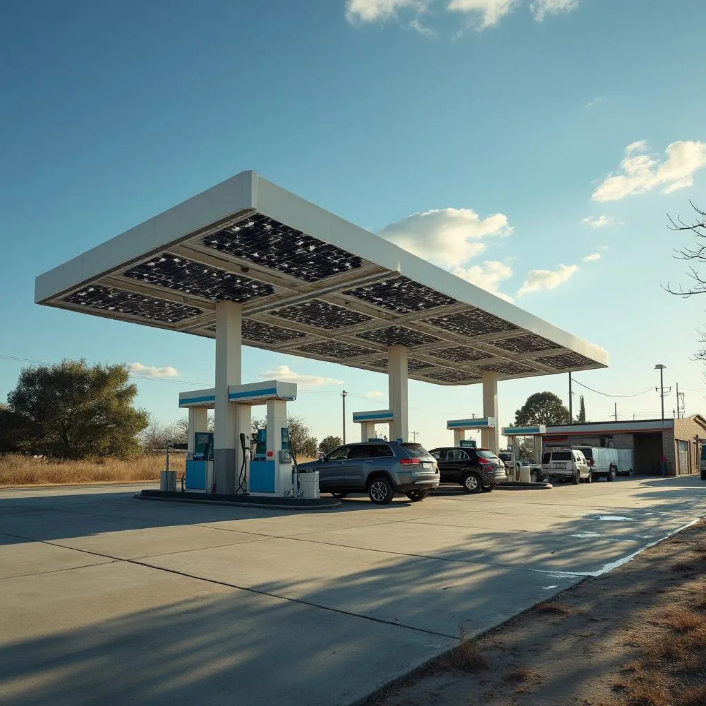 Estación de servicio moderna con paneles solares