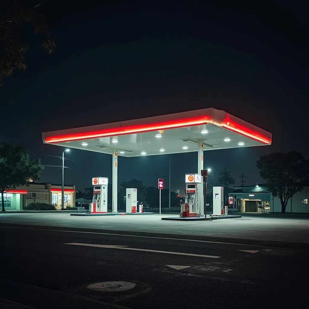 Vista nocturna de estación de servicio iluminada